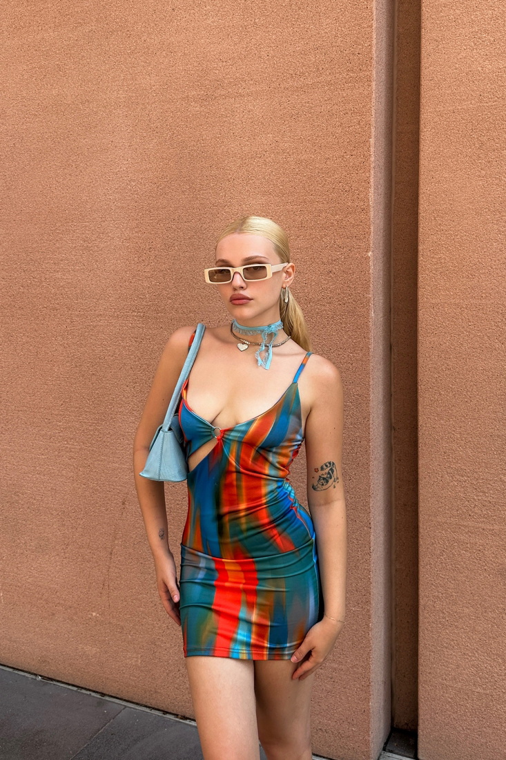 Turuncu Askılı Batik Desen Mini Elbise ATEL2095 - EYYO