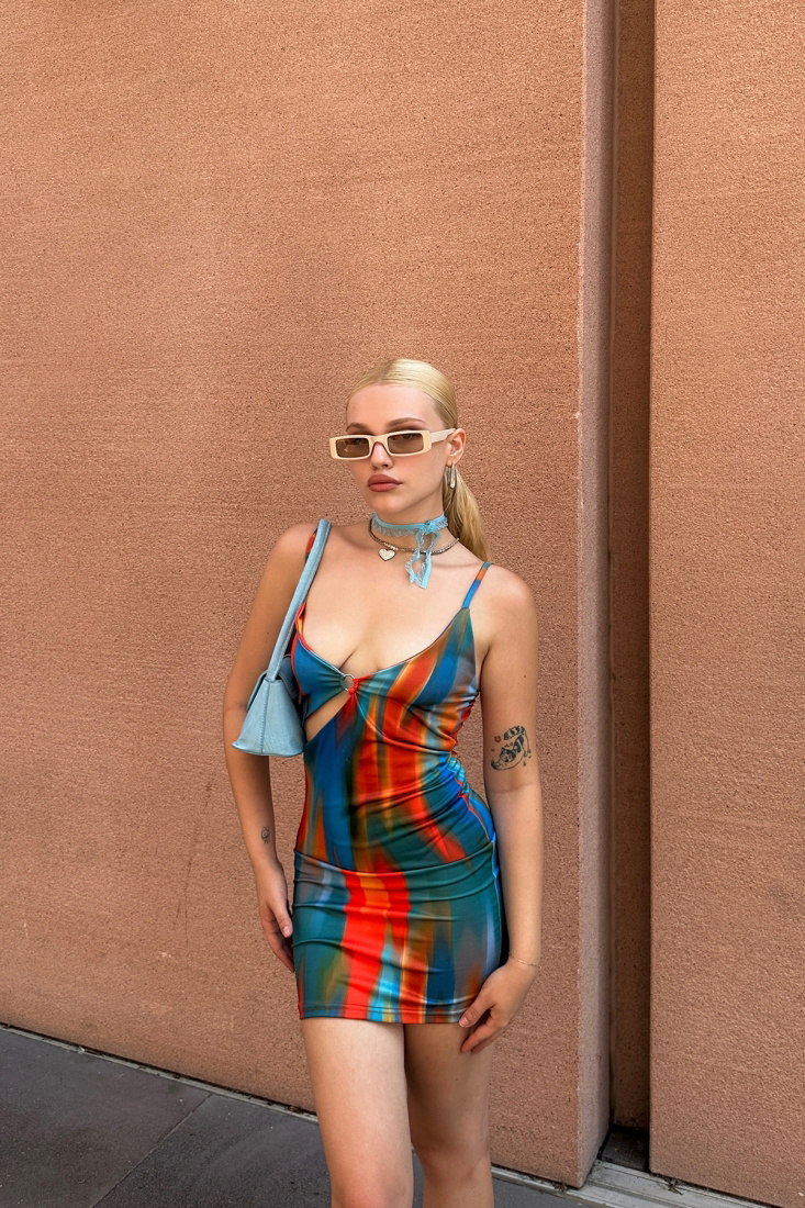 Turuncu Askılı Batik Desen Mini Elbise ATEL2095 - EYYO