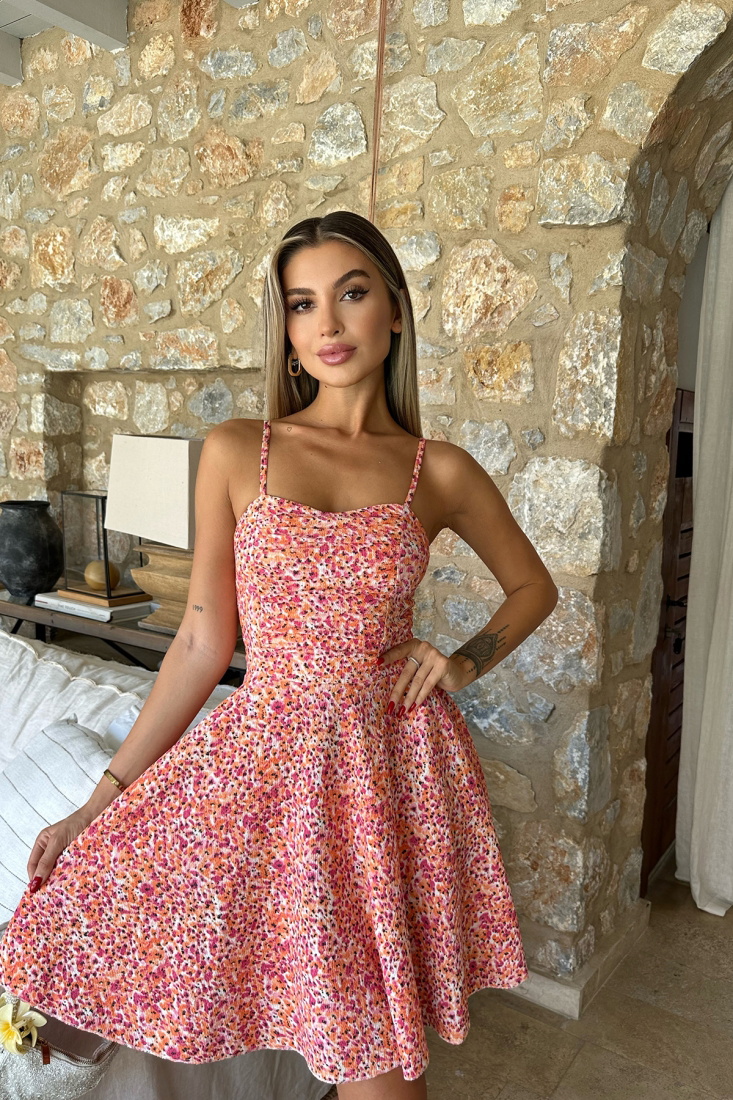 Turuncu Askılı Çiçek Desen Mini Elbise ATE8056 - EYYO