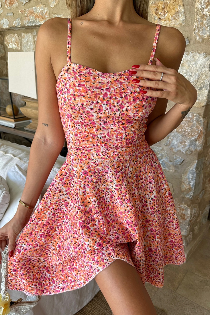 Turuncu Askılı Çiçek Desen Mini Elbise ATE8056 - EYYO