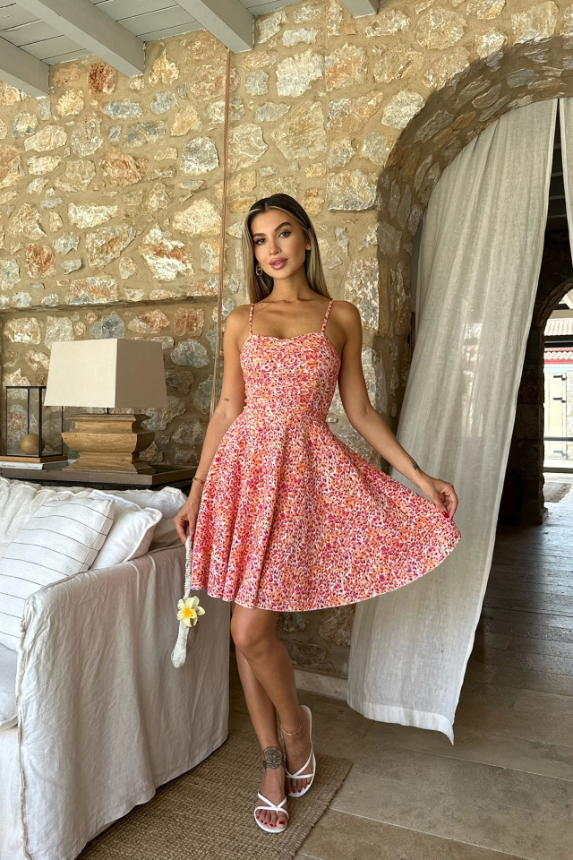 Turuncu Askılı Çiçek Desen Mini Elbise ATE8056 - 4