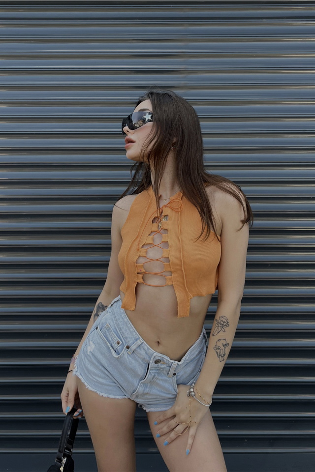 Turuncu Bağlamalı Crop Top ATE4917 - 5