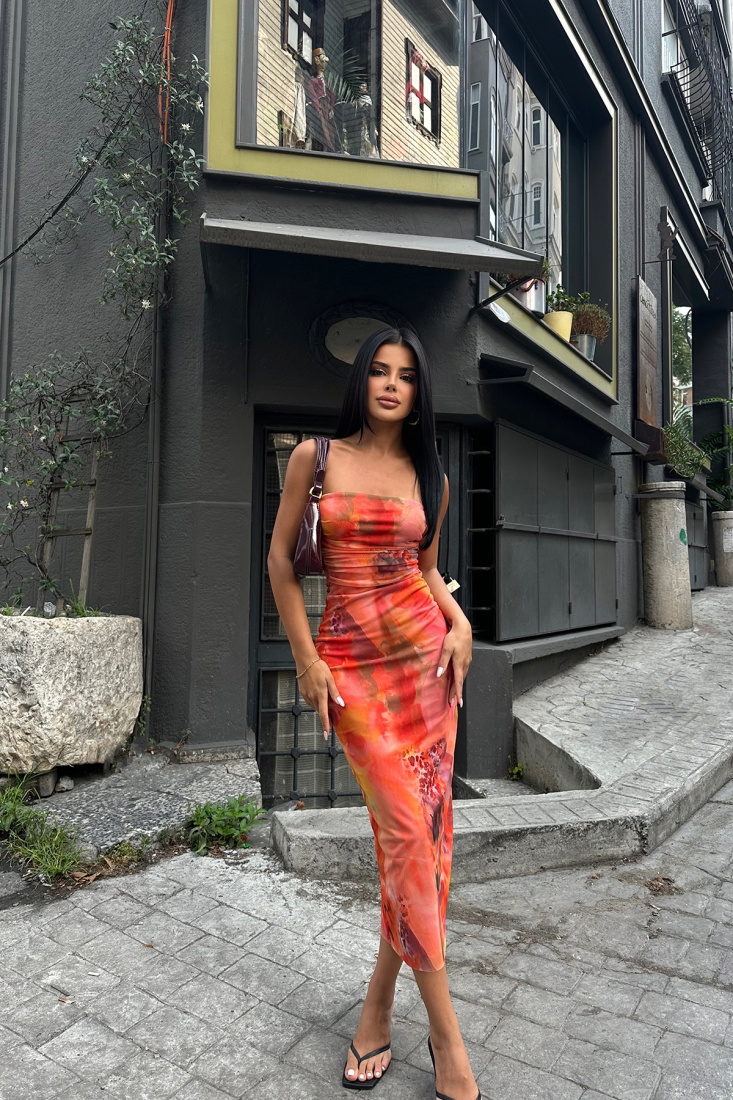 Turuncu Batik Desen Straplez Elbise ATE7845 - EYYO