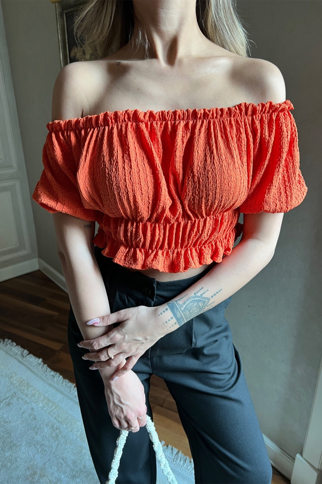 Turuncu Büzgülü Düşük Kol Crop Top ATE4037