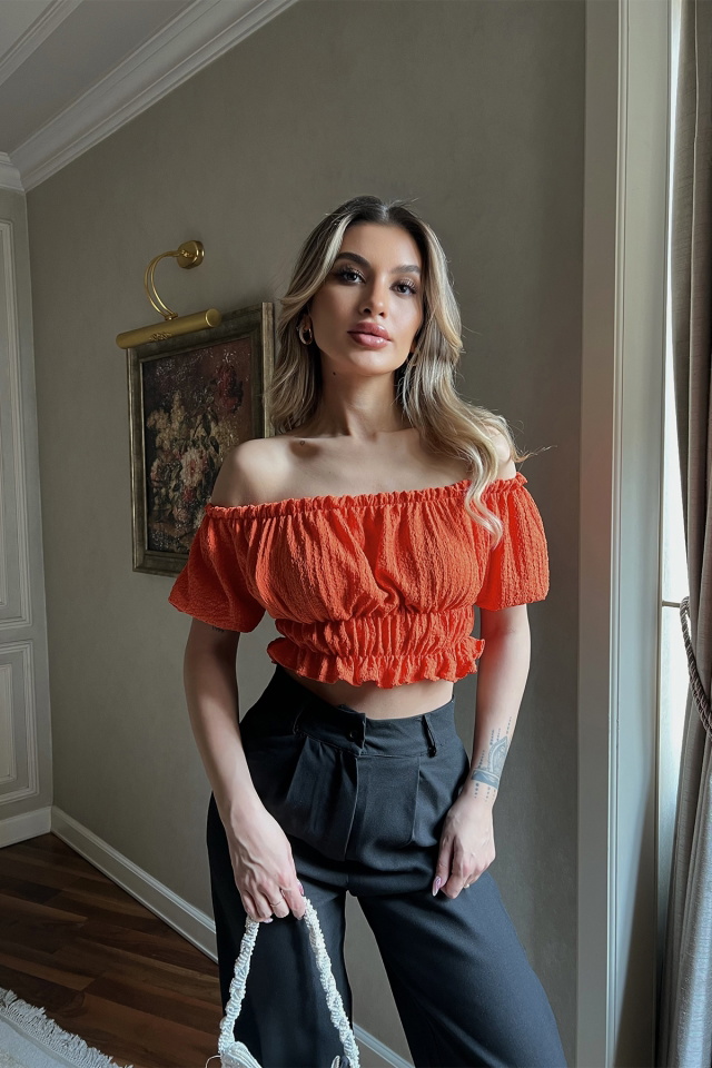 Turuncu Büzgülü Düşük Kol Crop Top ATE4037 -