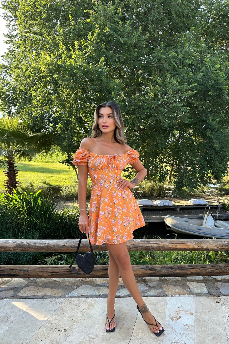 Turuncu Çiçek Desen Bağlamalı Elbise ATE7262 - EYYO