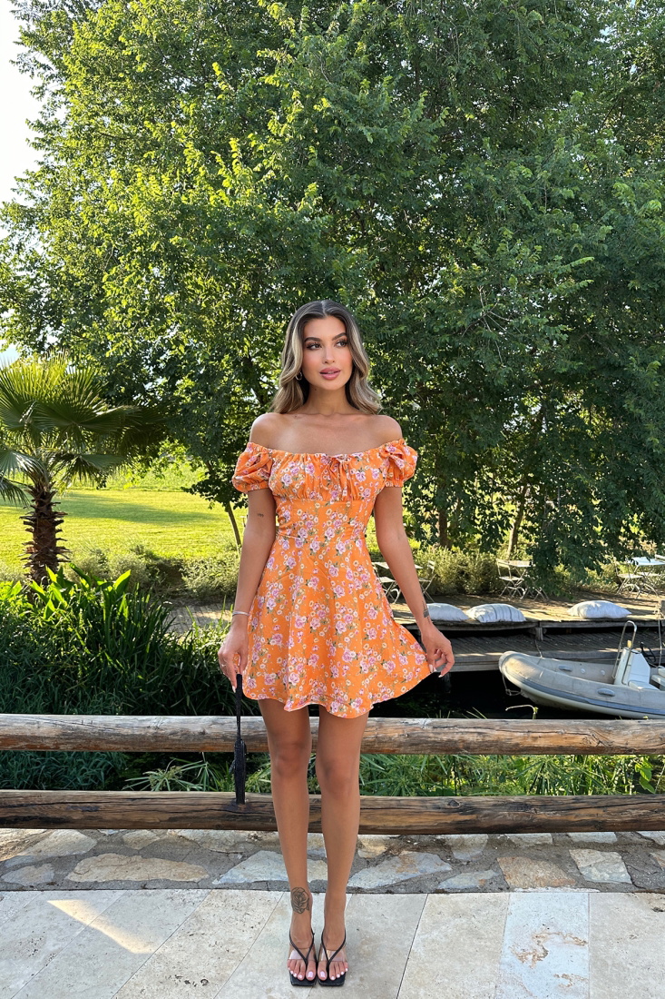 Turuncu Çiçek Desen Bağlamalı Elbise ATE7262 - EYYO