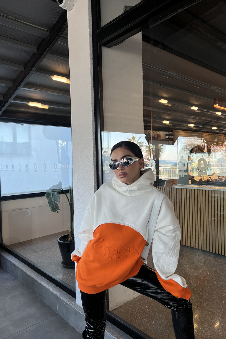 Turuncu Çift Renk Kapşonlu Sweat ATE3293 - EYYO