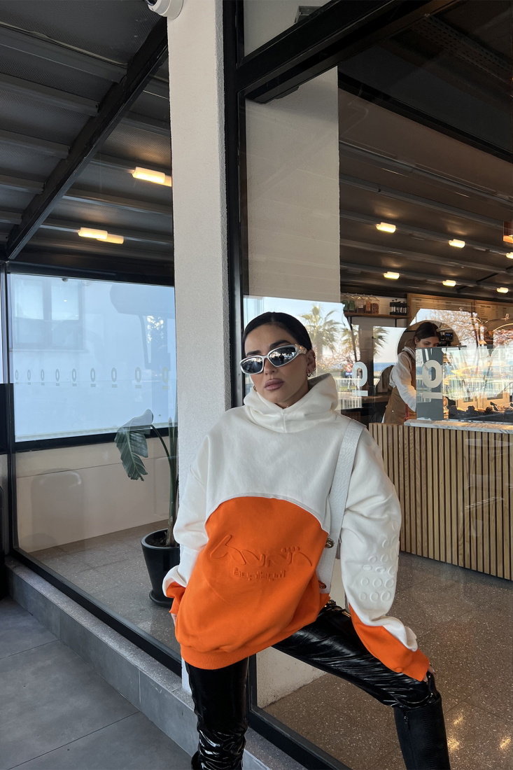 Turuncu Çift Renk Kapşonlu Sweat ATE3293 - EYYO