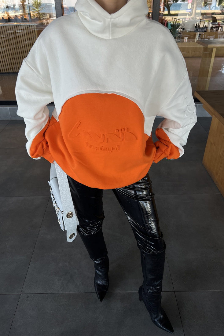 Turuncu Çift Renk Kapşonlu Sweat ATE3293 - EYYO