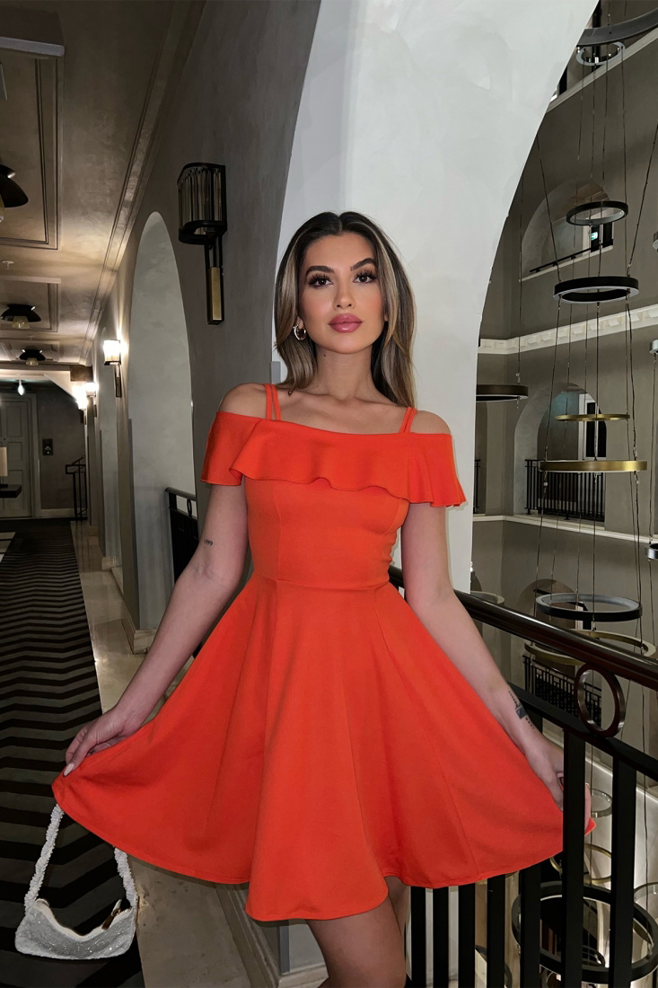 Turuncu Düşük Kol Mini Elbise ATE5193 - EYYO