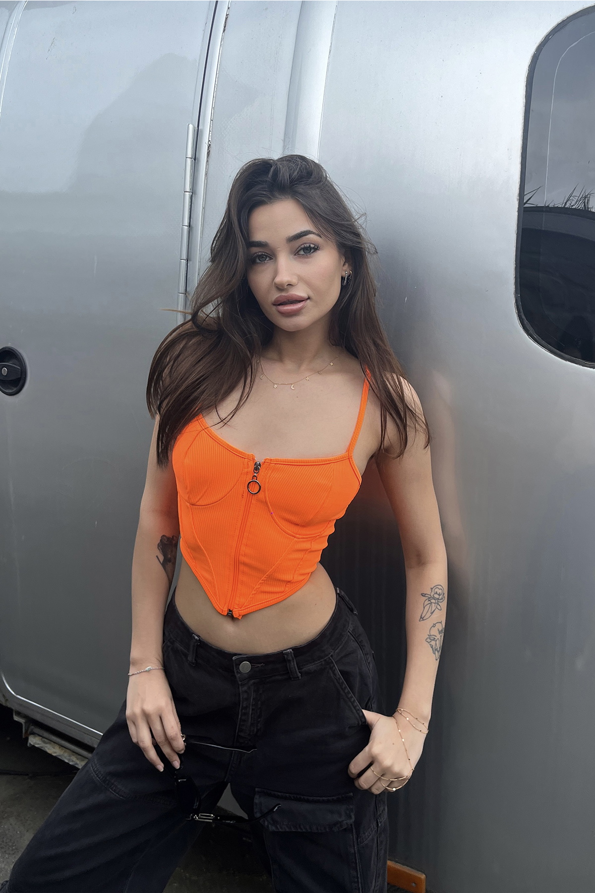Turuncu Fermuar Detay Crop Top - 1