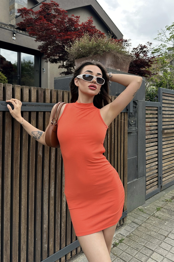 Turuncu Fitilli Mini Elbise ATE7334 - EYYO