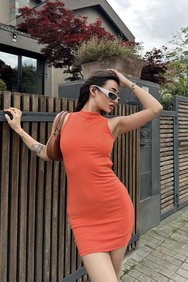 Turuncu Fitilli Mini Elbise ATE7334 - 4
