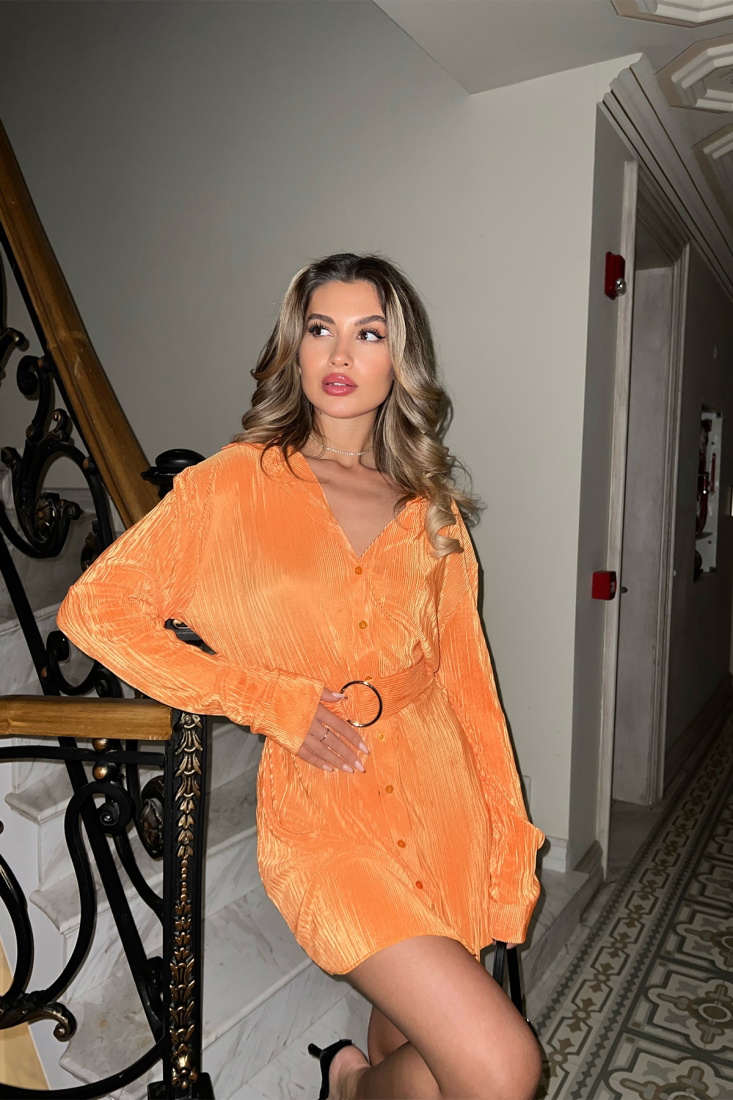 Turuncu Halka Detay Önü Düğmeli Mini Elbise ATE5058 - EYYO