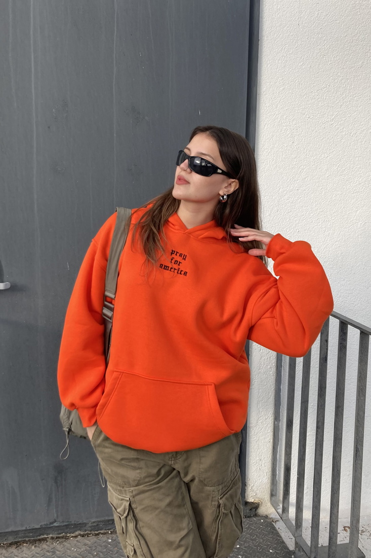 Turuncu Kanguru Cep Detay Kapşonlu Sweat ATE-0042 - EYYO