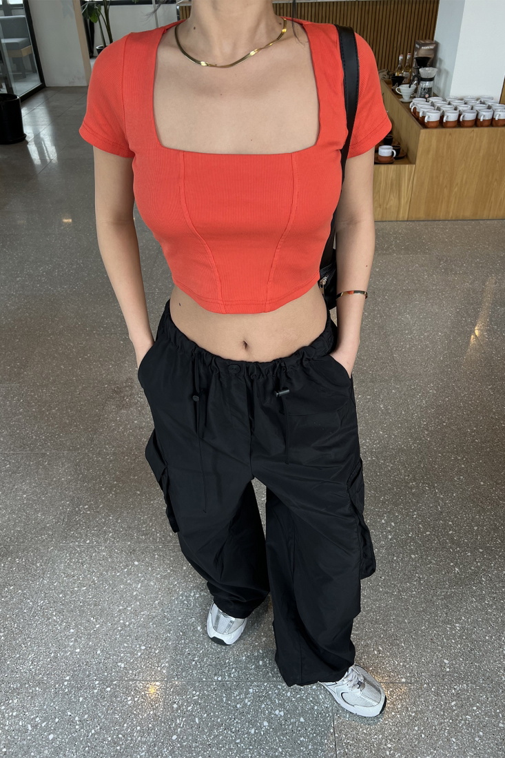 Turuncu Kare Yaka Crop Top ATE4826 - EYYO