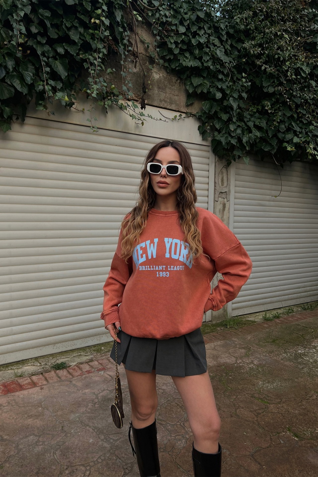 Turuncu New York Baskılı Sweat ATE3429 - 1