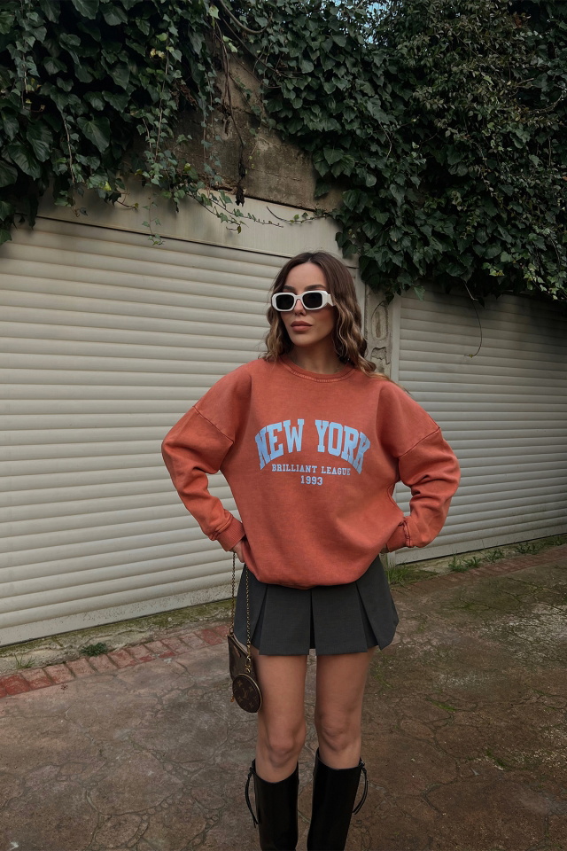 Turuncu New York Baskılı Sweat ATE3429 - 2