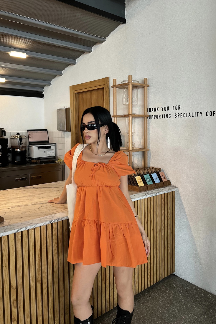 Turuncu Önden Bağlamalı Mini Elbise ATE4821 - EYYO