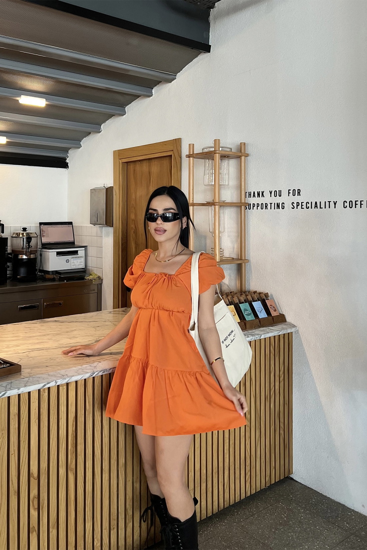 Turuncu Önden Bağlamalı Mini Elbise ATE4821 - EYYO