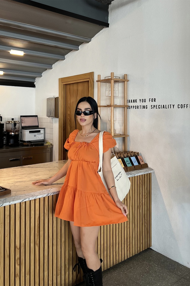Turuncu Önden Bağlamalı Mini Elbise ATE4821 - 3