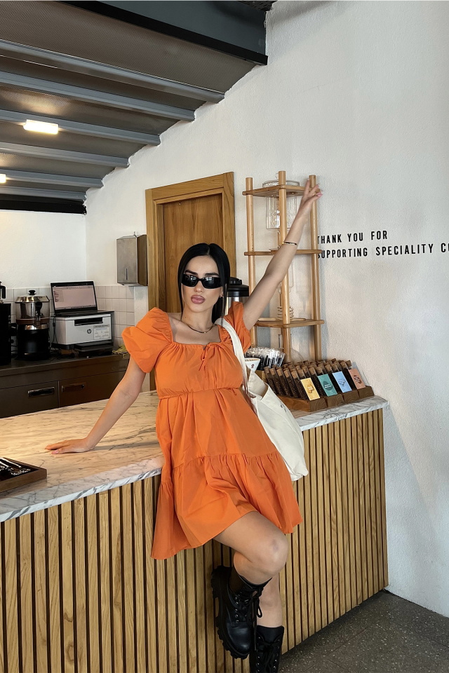 Turuncu Önden Bağlamalı Mini Elbise ATE4821 - 5
