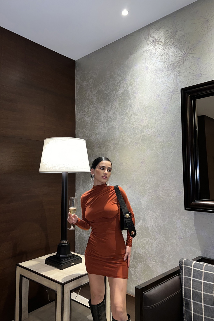 Turuncu Önü Büzgülü Mini Elbise ATE3396 - EYYO