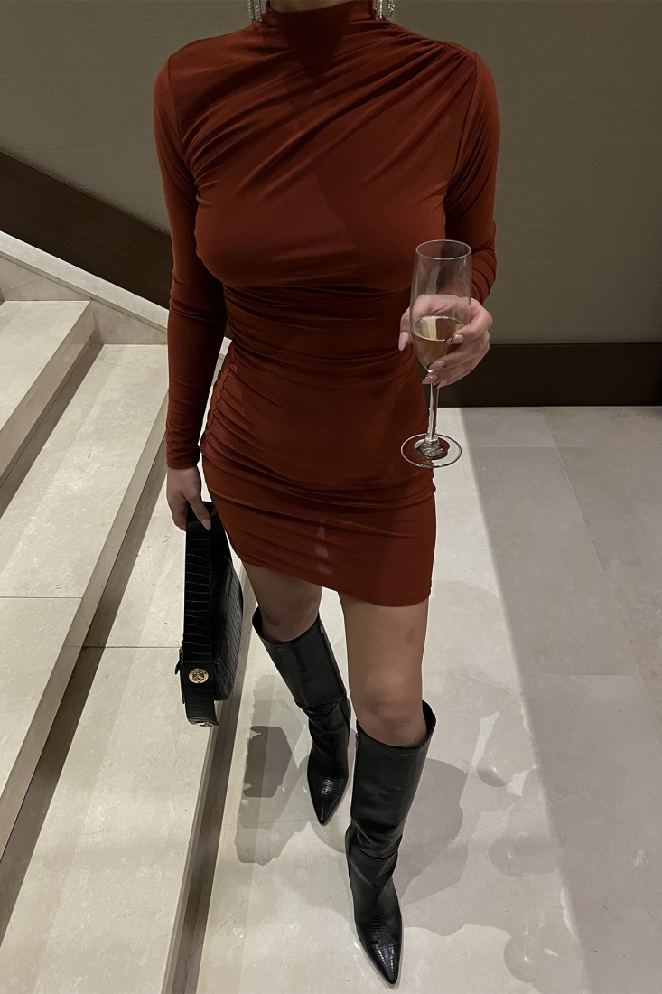 Turuncu Önü Büzgülü Mini Elbise ATE3396 - EYYO