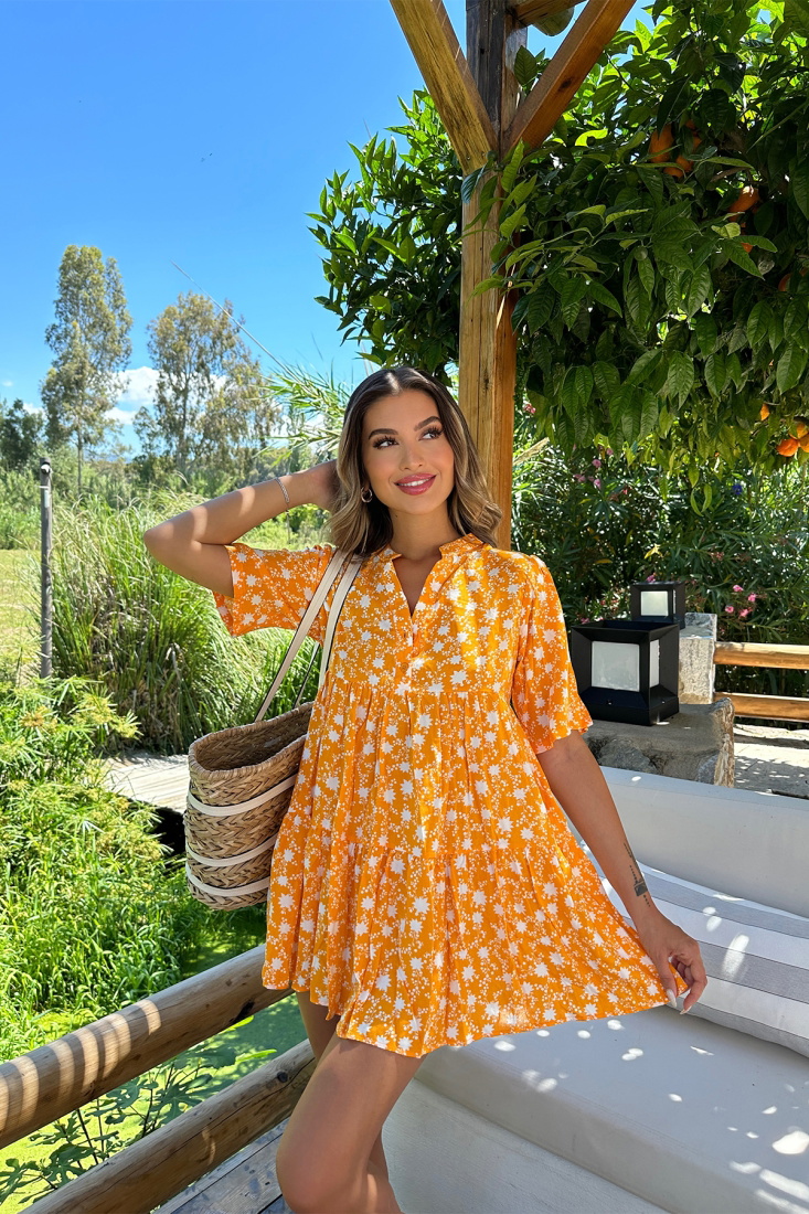 Turuncu Önü Düğmeli Mini Elbise ATE7247 - EYYO