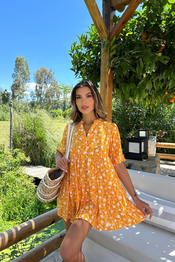 Turuncu Önü Düğmeli Mini Elbise ATE7247 - EYYO