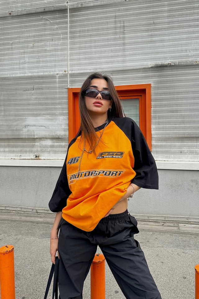 Turuncu Önü Yazılı Oversize Tişört ATE7288 - 6