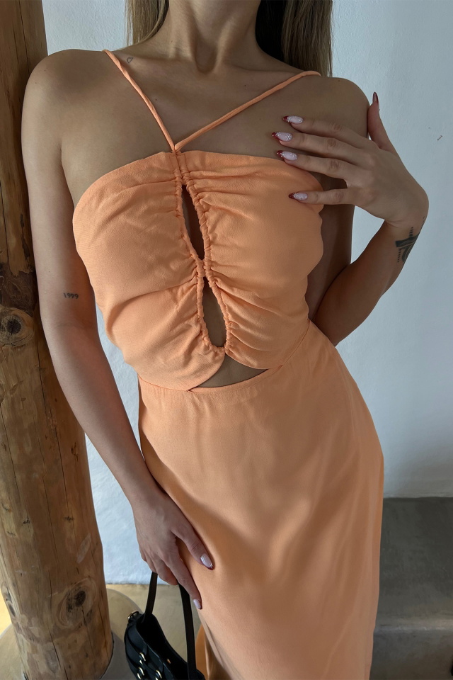 Turuncu Pencere Detay Uzun Elbise ATE4525 - 2