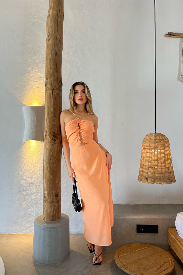 Turuncu Pencere Detay Uzun Elbise ATE4525 - 1