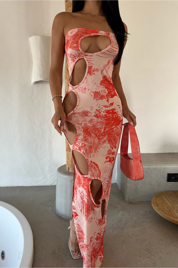 Turuncu Pencere Detay Uzun Elbise ATE8240 - EYYO