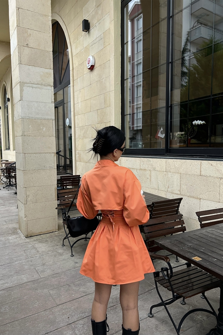 Turuncu Sırt Detay Mini Elbise ATE4162 - EYYO