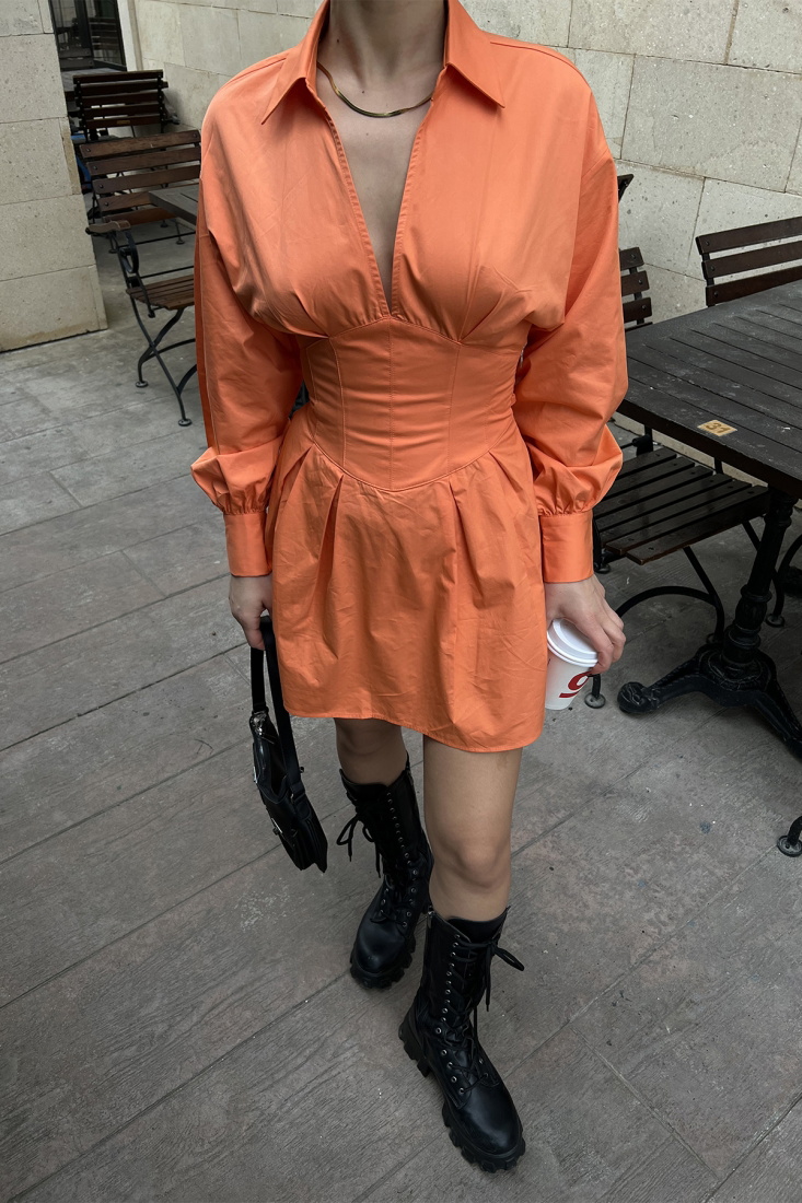 Turuncu Sırt Detay Mini Elbise ATE4162 - EYYO