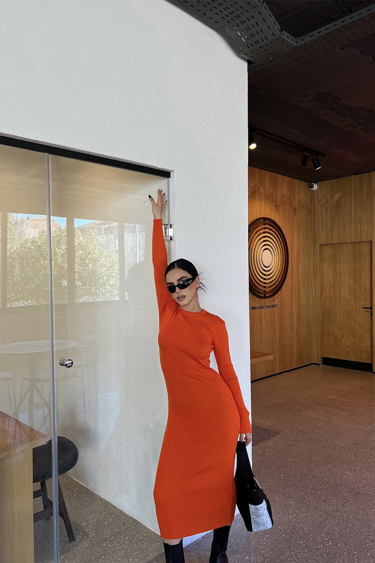 Turuncu Sırt Detay Uzun Elbise ATE3906 - EYYO