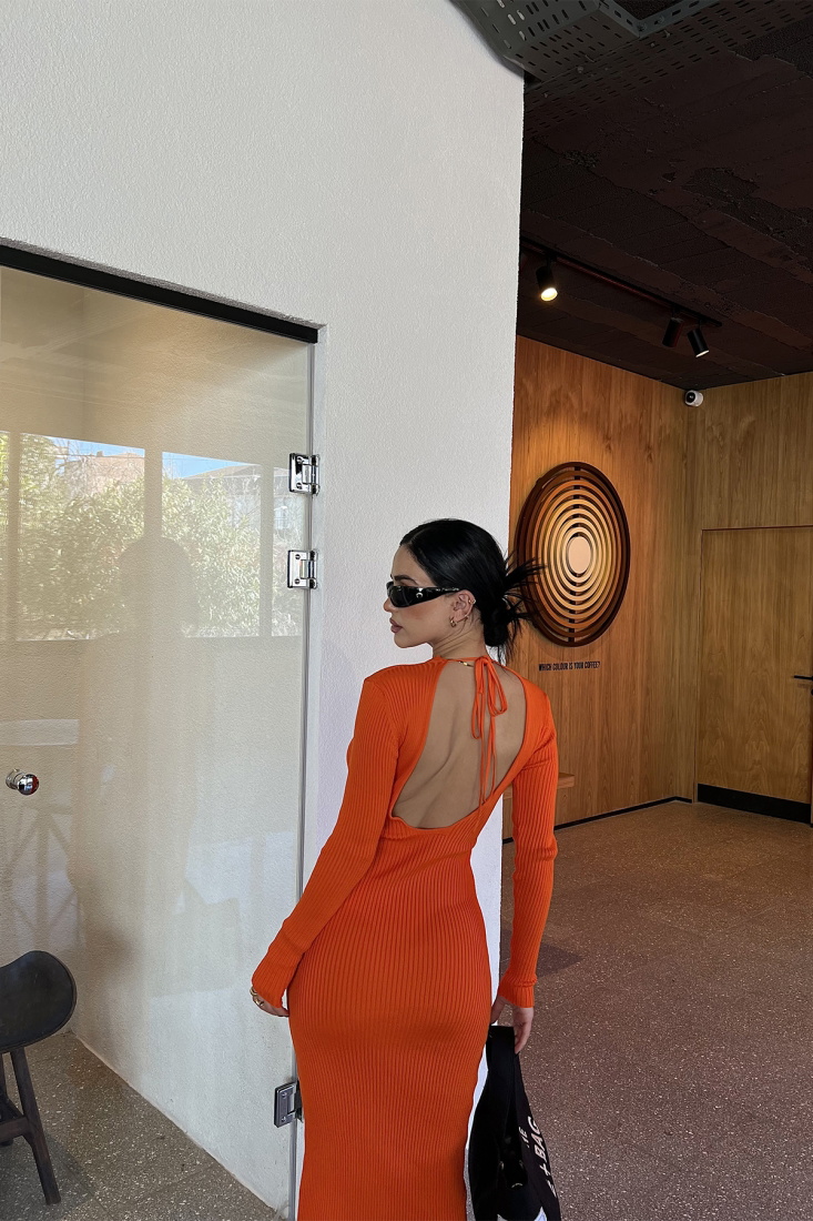 Turuncu Sırt Detay Uzun Elbise ATE3906 - EYYO