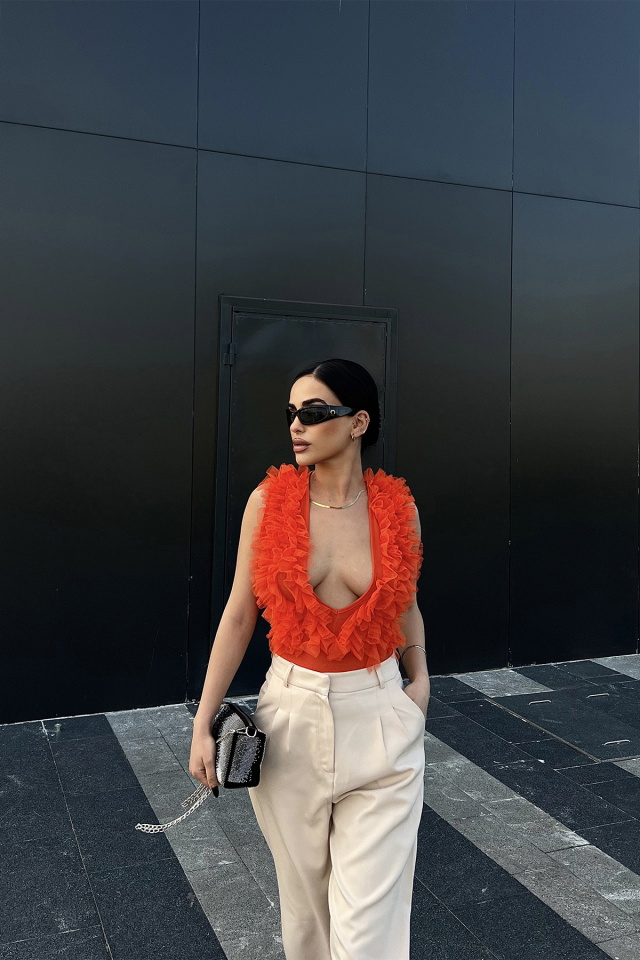 Turuncu Tül Detay Bodysuit ATE4697 