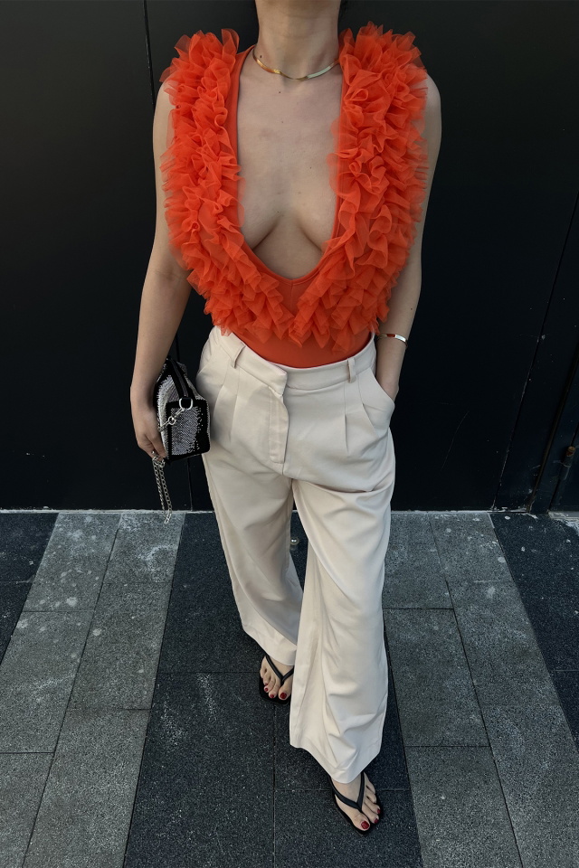 Turuncu Tül Detay Bodysuit ATE4697 - 2