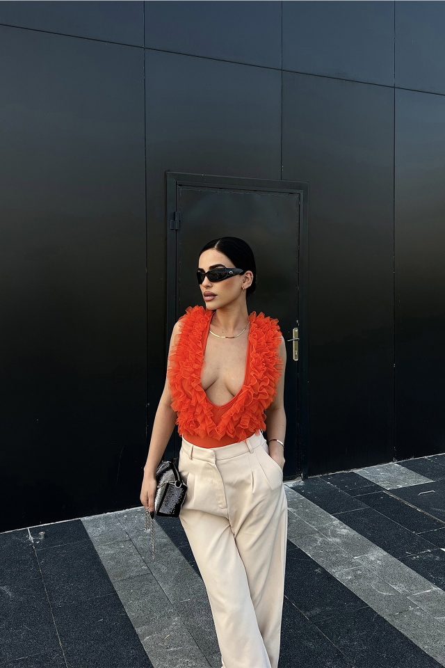 Turuncu Tül Detay Bodysuit ATE4697 - 3