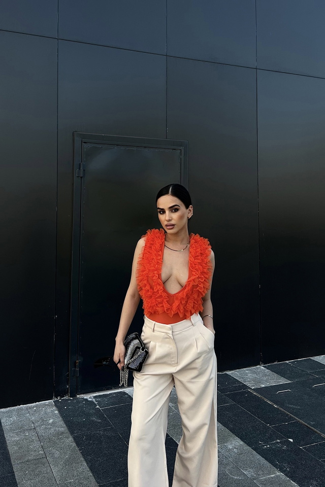 Turuncu Tül Detay Bodysuit ATE4697 - 4