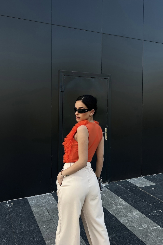 Turuncu Tül Detay Bodysuit ATE4697 - 5