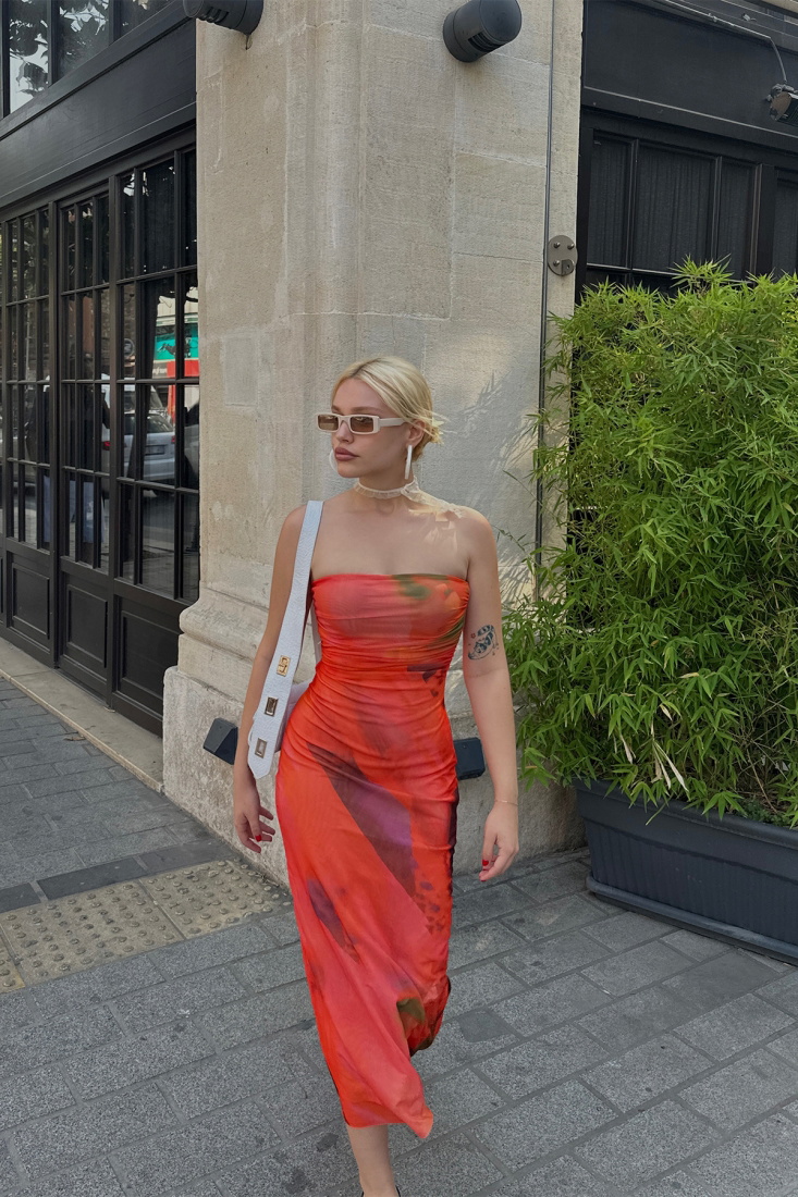 Turuncu Tül Straplez Elbise ATE7649 - EYYO