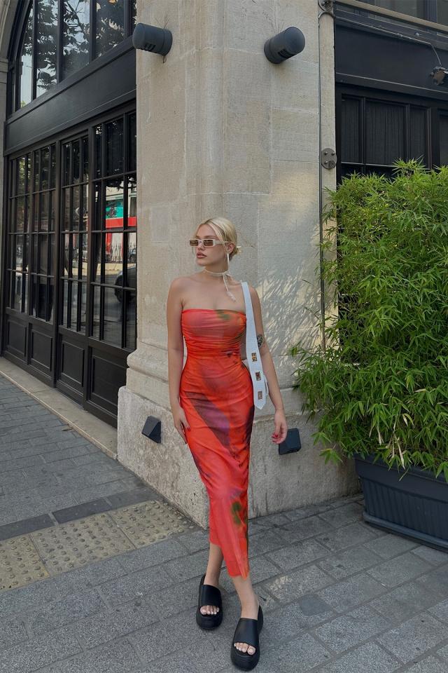 Turuncu Tül Straplez Elbise ATE7649 - 4