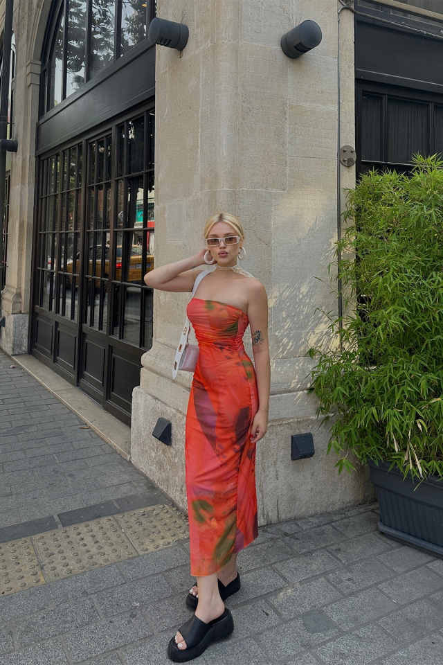 Turuncu Tül Straplez Elbise ATE7649 - 5