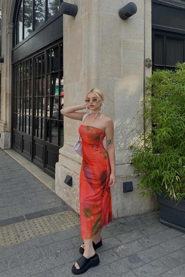 Turuncu Tül Straplez Elbise ATE7649 - 6