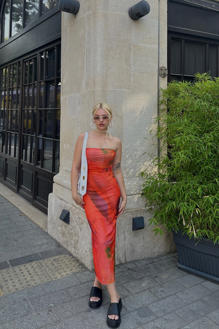 Turuncu Tül Straplez Elbise ATE7649 - EYYO