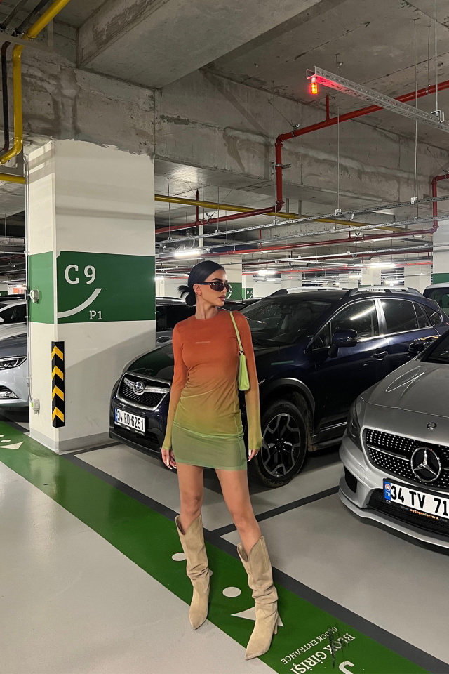 Turuncu Uzun Kol Mini Elbise ATE7329 - 6